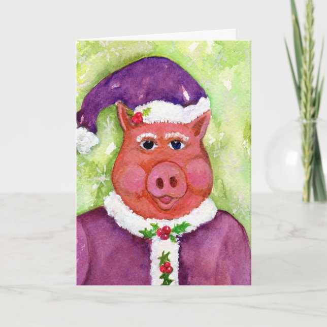 Père Noël Cochon en violet CARTE de vacances (Devant)