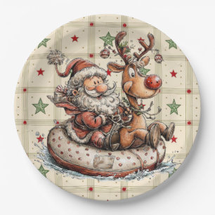 Père Noël drôle et Rudolf sur une assiette en papi