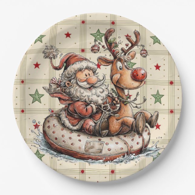 Père Noël drôle et Rudolf sur une assiette en papi (Devant)