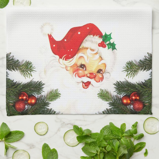 Père Noël et feuillage Noël Torchons de cuisine (Plié)