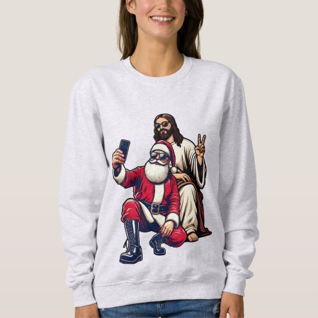 Père Noël et Jésus Selfie Sweatshirt de Noël (Devant)