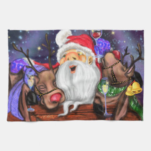 Père Noël et Reindeers Drôle serviette de cuisine 