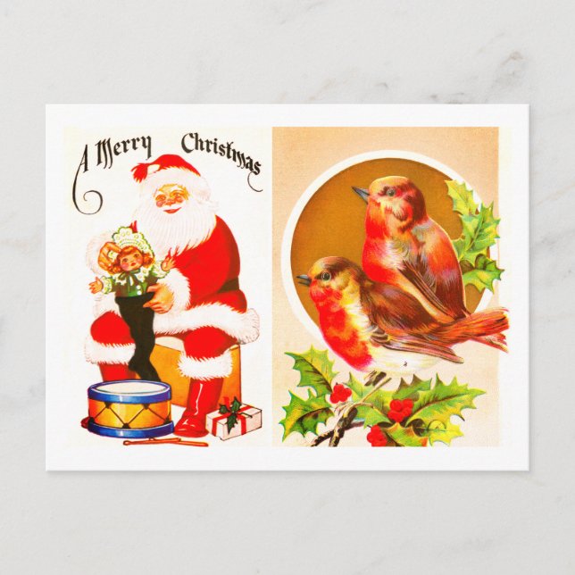 Père Noël et robins Joyeuse carte postale de Noël (Devant)