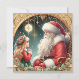 Père Noël et une petite fille, carte postale rouge