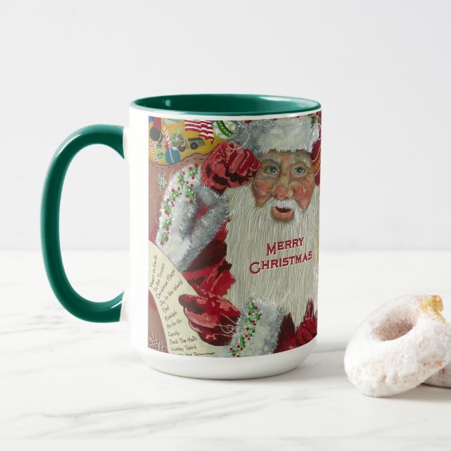 Père Noël Holiday 15 oz Mug Checking It Twice Gree (Avec donut)