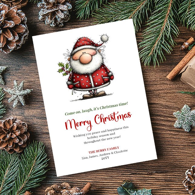 Père Noël Moderne Fantaisiste Rouge Vert Carte de  (Whimsical Modern Santa Red Green Holiday Greeting)