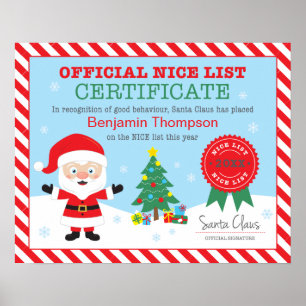 Père Noël Nice Liste Certificat Poster personnalis