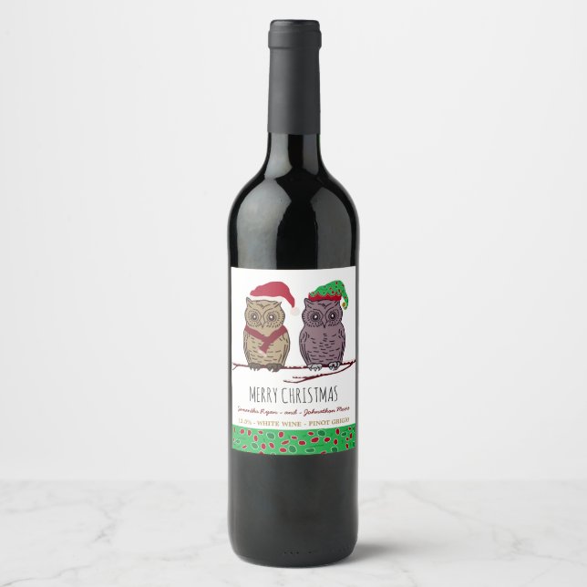 Père Noël Owl et Elf Owl Étiquette de vin (Devant)