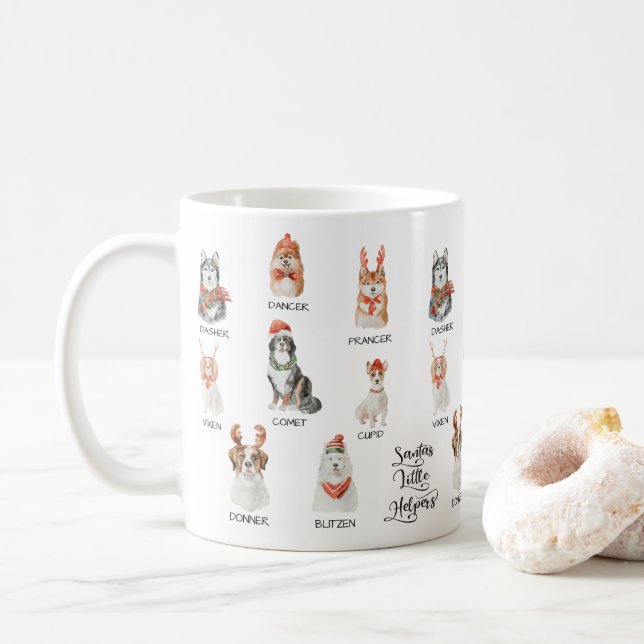 Père Noël petites aides Dog Reindeer noms mug (Avec donut)