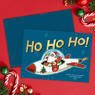 Père Noël Rétro dans une Fusée Ho Ho Ho Carte de N