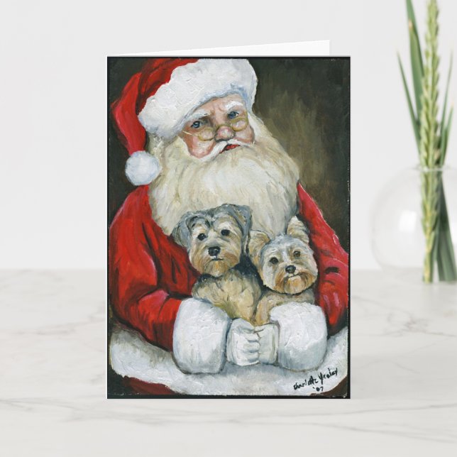 Père Noël & Yorkies Chien Art Carte de voeux de No (Devant)