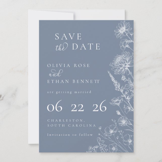 Periwinkle Botanical Minimal Wedding Save the Date (Devant)