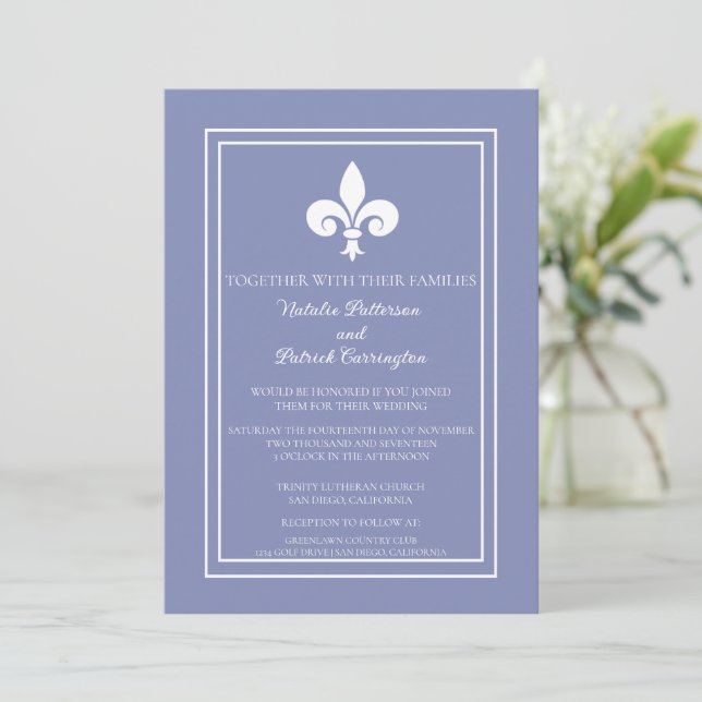 Périwinkle Fleur de Lis Faire-part de mariage (Debout devant)