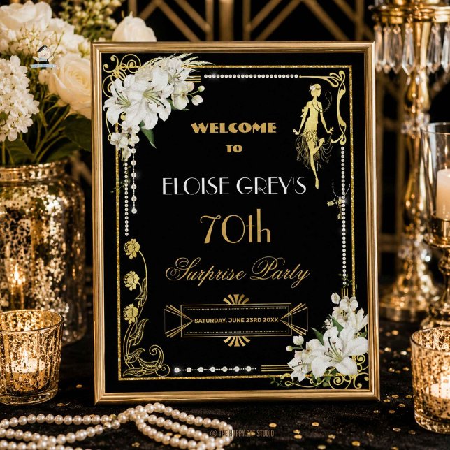 Perles Art Déco Fleurs Blanches Gatsby 20s Bienven (Art Deco Pearls White Lilies Flowers Gatsby 20s Welcome Poster Sign Printed and Digital Download)