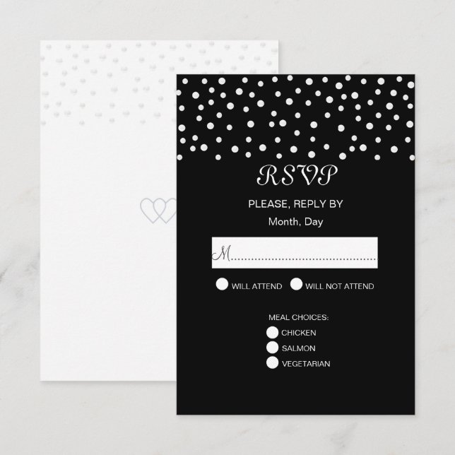 Perles Chic sur Carte de Réponse de Mariage Noir & (Devant / Derrière)