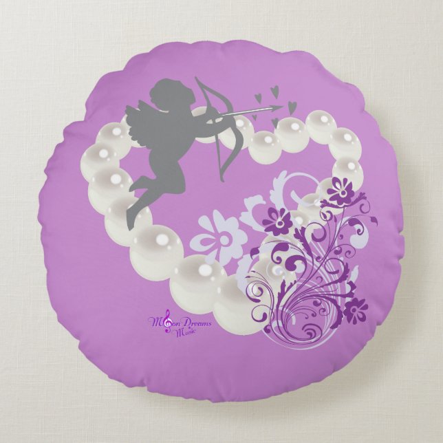 Perles Cupides Coeur Floral Purple Coussin rond (Devant)