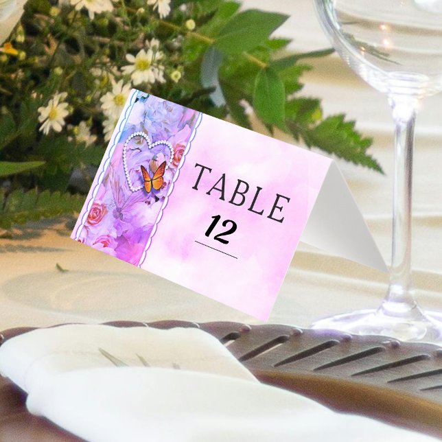 Perles de cœur roses papillon floral numéros de ta (Heart Pearls Pink Floral Butterfly Table Numbers)