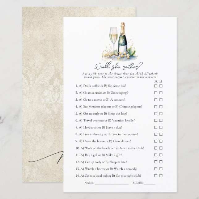 Perles et Prosecco Lequel Préfère-t-Elle ? Jeu de  (Devant / Derrière)