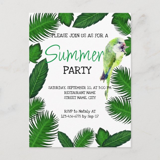 Perroquet vert et palmier feuille été invitation (Devant)