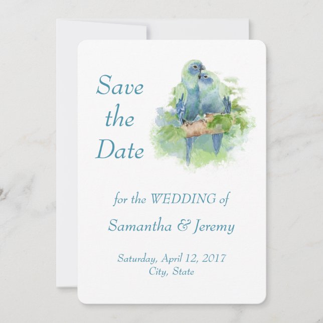 Perroquets Aquarelle Bleu Vert Save the Date (Devant)