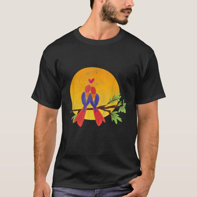 Perroquets en amour T-shirt coucher de soleil Retr (Devant)