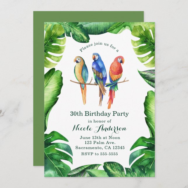 Perroquets tropicaux Oiseaux & Invitations de fête (Devant / Derrière)