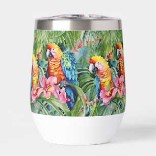 Perroquets verts, rouges, bleus et fleurs tropical