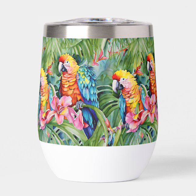 Perroquets verts, rouges, bleus et fleurs tropical (Avant)