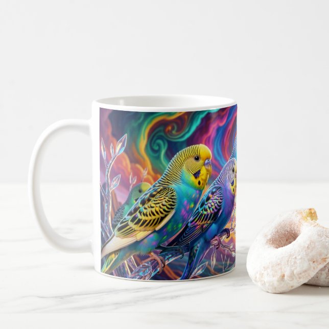 Perruches vibrantes. Tasse (Avec donut)