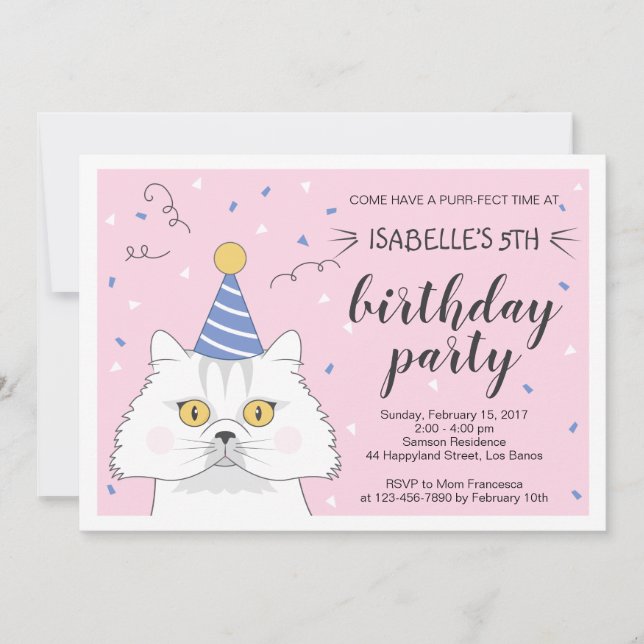Perse Chat Purrty Confetti Invitation Anniversaire (Devant)