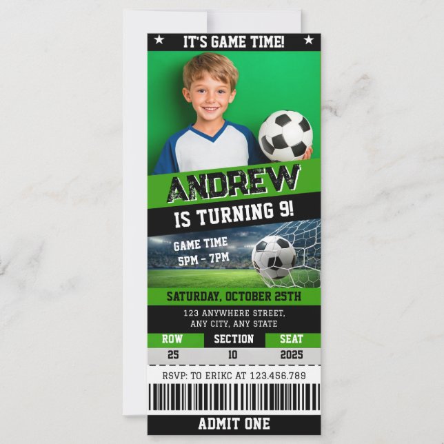 Personal Digital Soccer Ticket Birthday Invitation (Devant)