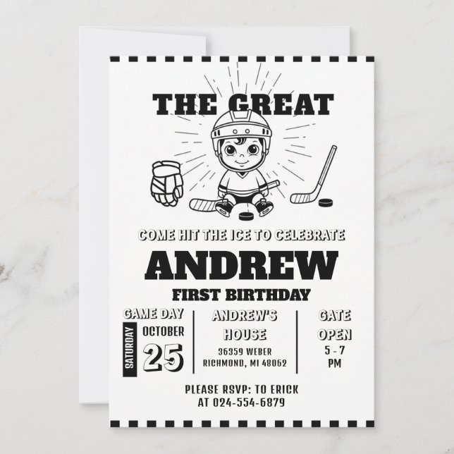 Personal Hockey Theme First Birthday Invitation (Devant)