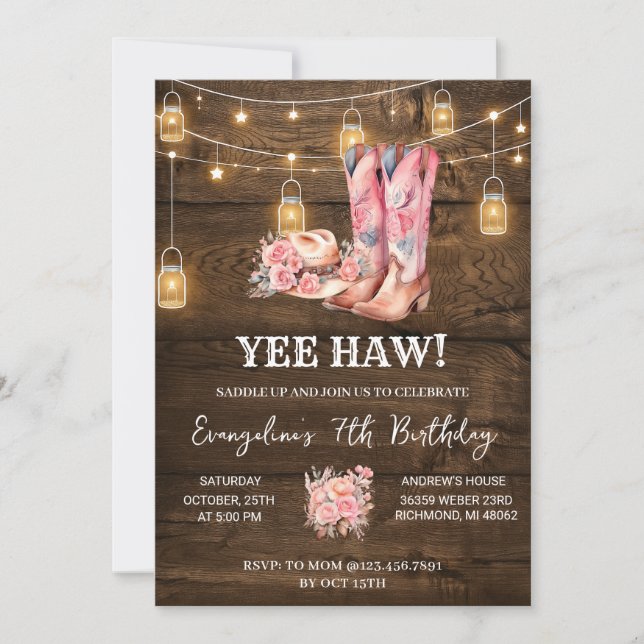 Personal Pink Western Cowgirl Invitation d'anniver (Devant)