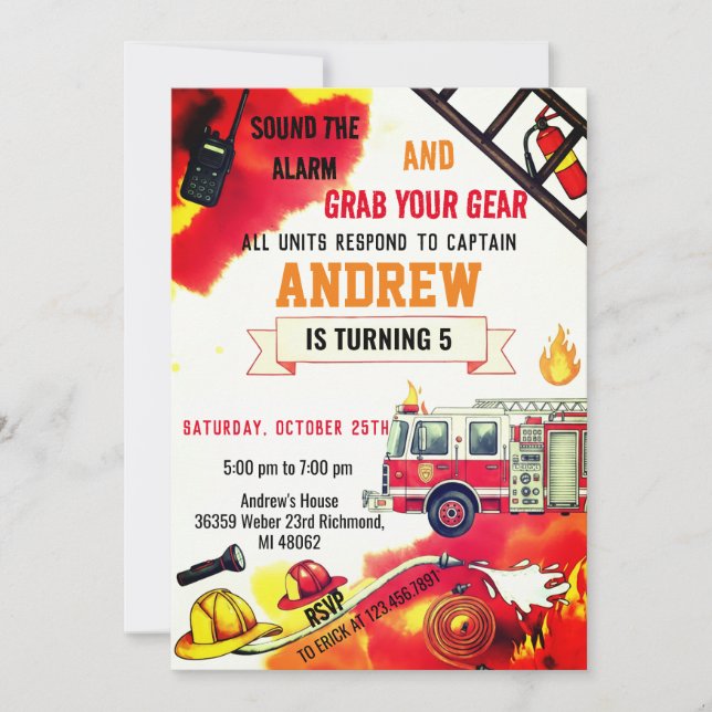Personal Red Fire Truck Birthday Party Invitations (Devant)