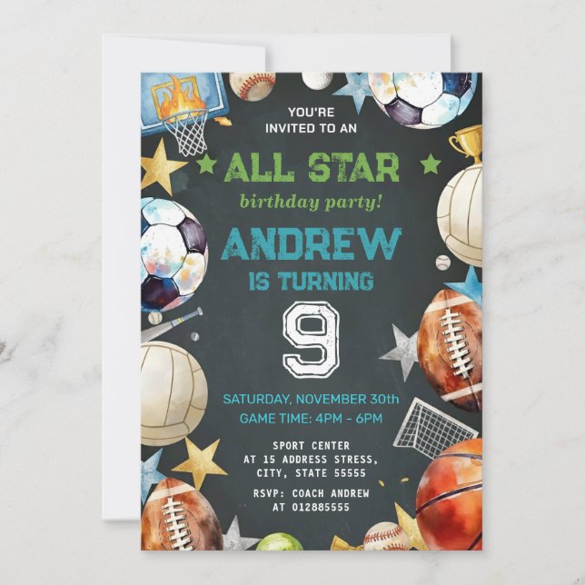 Personal Sports Birthday Printable Invitation (Devant)