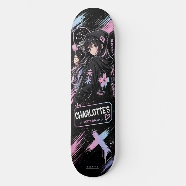 Personalised Anime Pastel and Black Skateboard  (Recto)