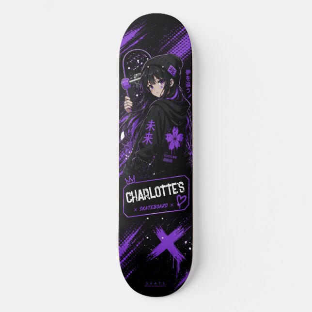Personalised Anime Purple and Black Skateboard  (Recto)