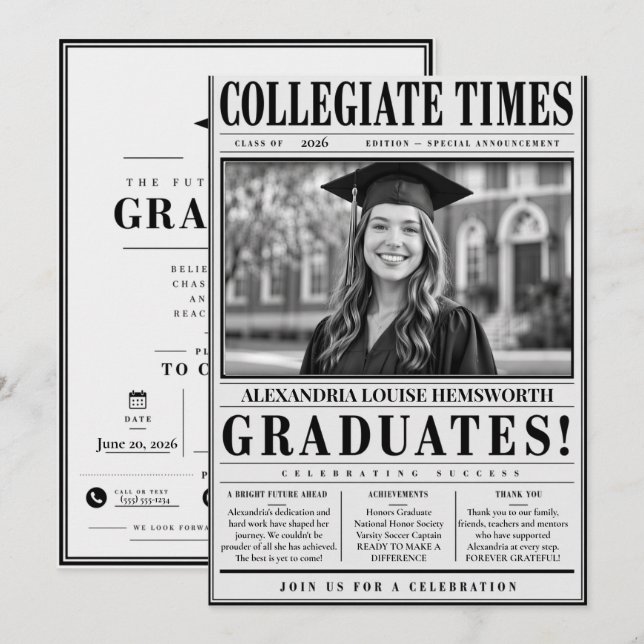 Personalised Newspaper Graduation Invitation 2026 (Devant / Derrière)