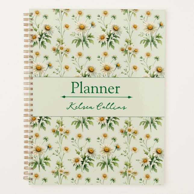 Personalised Vintage Daisy Sage Green Planner (Devant)