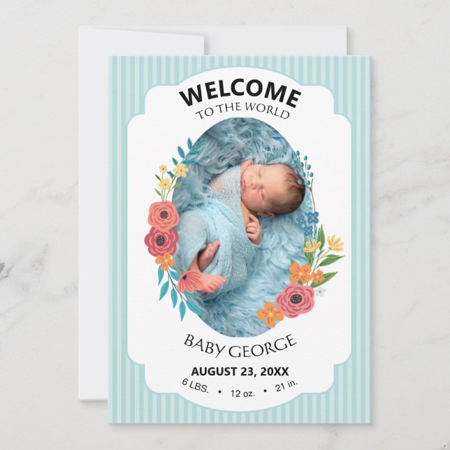 personalized baby blue floral Birth announcements (Devant)