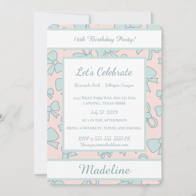 Personalized Birthday Blue Bow Sweet Invitation (Devant)