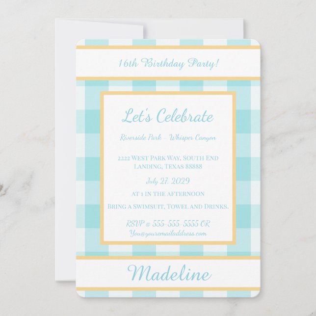 Personalized Birthday Gingham Blue Invitation (Devant)