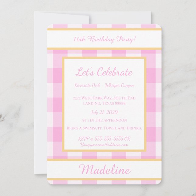 Personalized Birthday Gingham Pink Invitation (Devant)