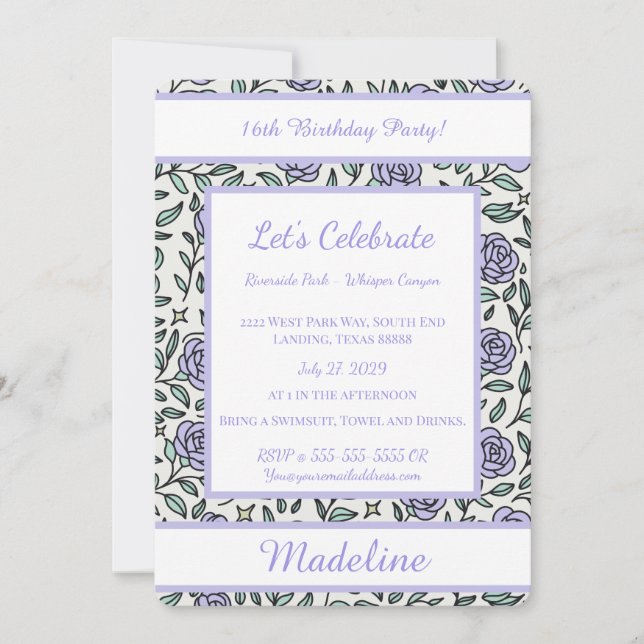 Personalized Birthday Rose Girl Sweet Invitation (Devant)