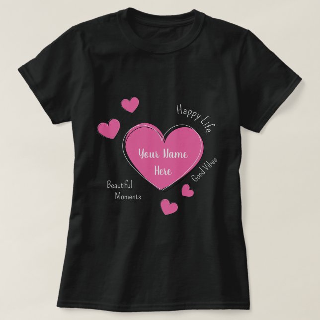 Personalized Black Women’s T-Shirt with Pink Heart (Design devant)