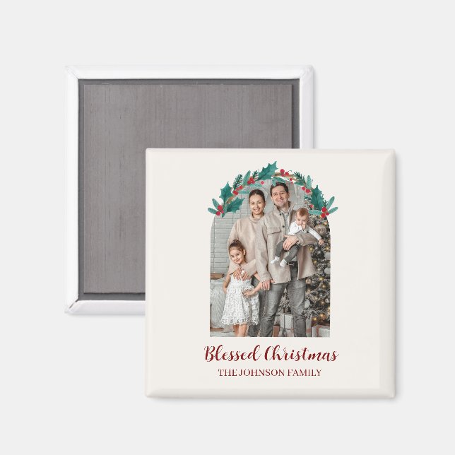Personalized Christmas Wreath Photo & Name Magnet (Recto/Verso)