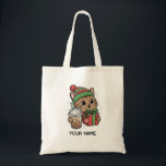 Personalized Cute Christmas Cat Tote Bag<br><div class="desc">Personalized cute Christmas cat tote bag featuring an adorable kawaii kitty wearing a festive winter hat and holding a holiday gift and iced coffee. This charming holiday tote bag is perfect for cat lovers and anyone who enjoys cozy winter designs. Add your own custom name to make this tote bag...</div>