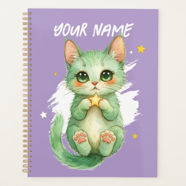 Personalized Cute Green Kitty Cat Planner (Devant)