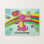 Personalized Cute Kids dinosaur puzzles<br><div class="desc">Cute kids dinosaur Birthday gift party favours showing a cute pink and purple dinosaur holding red yellow and blue balloons and a birthday cake with a rainbow and multic colored stars in the background. Great birthday gift for the kid who loves dinosaurs original Dinosaur graphic under license from the graphics...</div>