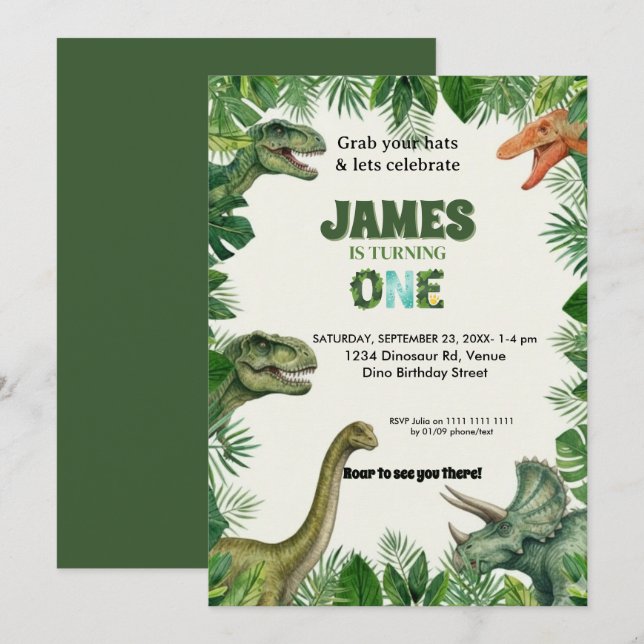 Personalized Dino 1st Birthday Invitation Suite (Devant / Derrière)